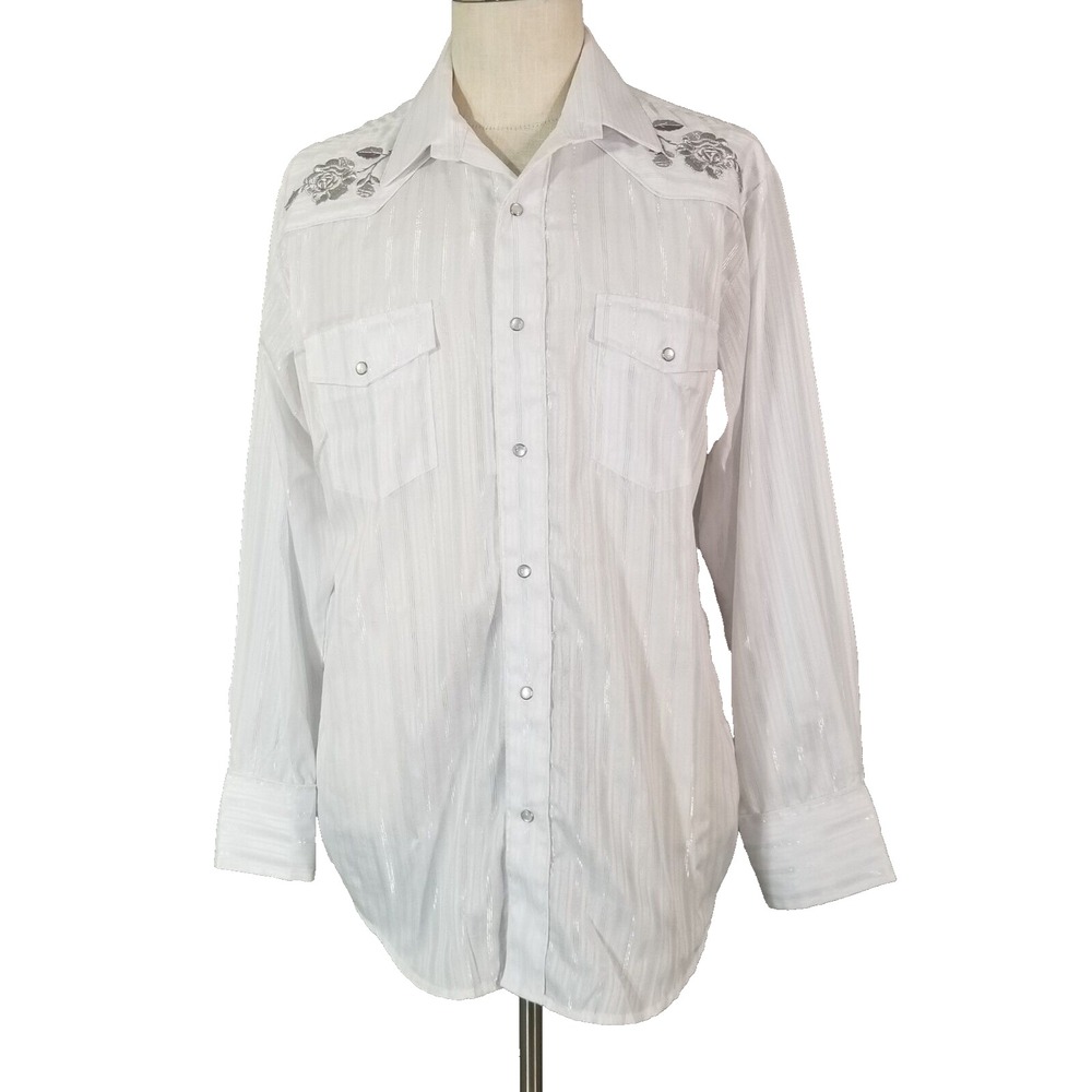 Roper Western Pearl snap shirt men's large white embroidered metallic cowboy